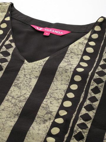 Grey And Black Stripe Printed Straight Kurta Paired With Solid Black Bottom And Printed Dupatta